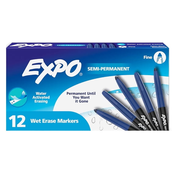 EXPO Vis-a-Vis Wet Erase Markers, Fine Point, Blue, 12 Count