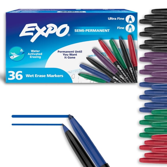 EXPO Wet Erase Markers, Assorted, Fine and Ultra-Fine Tips, 36 Count