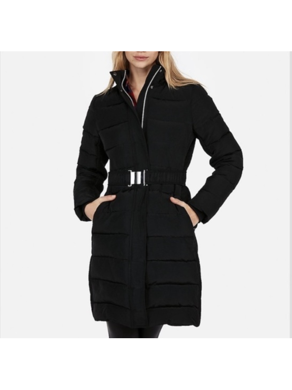 Black Long Down Belted Smocked Puffer Jacket Coat XXS