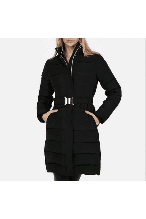Black Long Down Belted Smocked Puffer Jacket Coat XXS