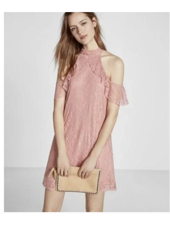 Cold Shoulder Lace Trapeze Dress Pink Cut Out Medium