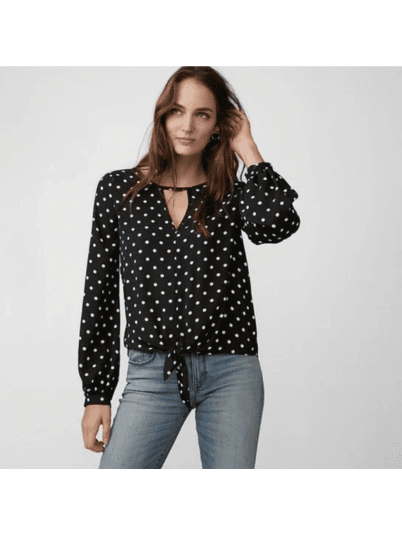 Polka Dot Tie Front Cut-Out Blouse Shirt Top XS