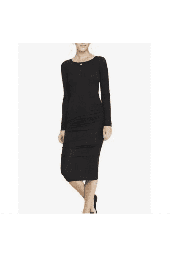 Scoop Neck Black Ruched Stretch Knit Midi Dress XS