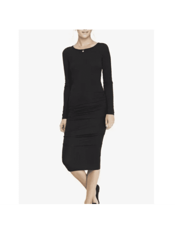 Scoop Neck Black Ruched Stretch Knit Midi Dress XS