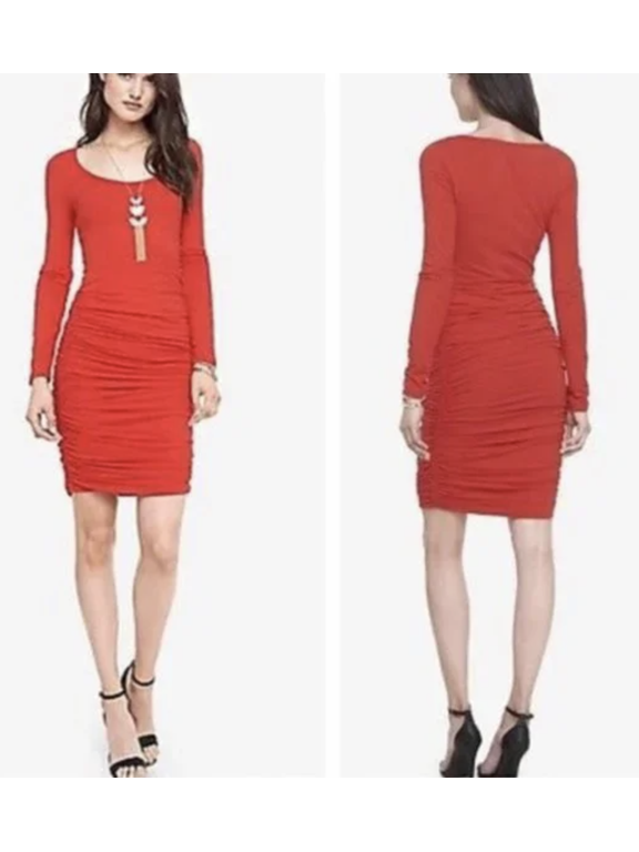 XS RED RUCHED LONG SLEEVE DRESS