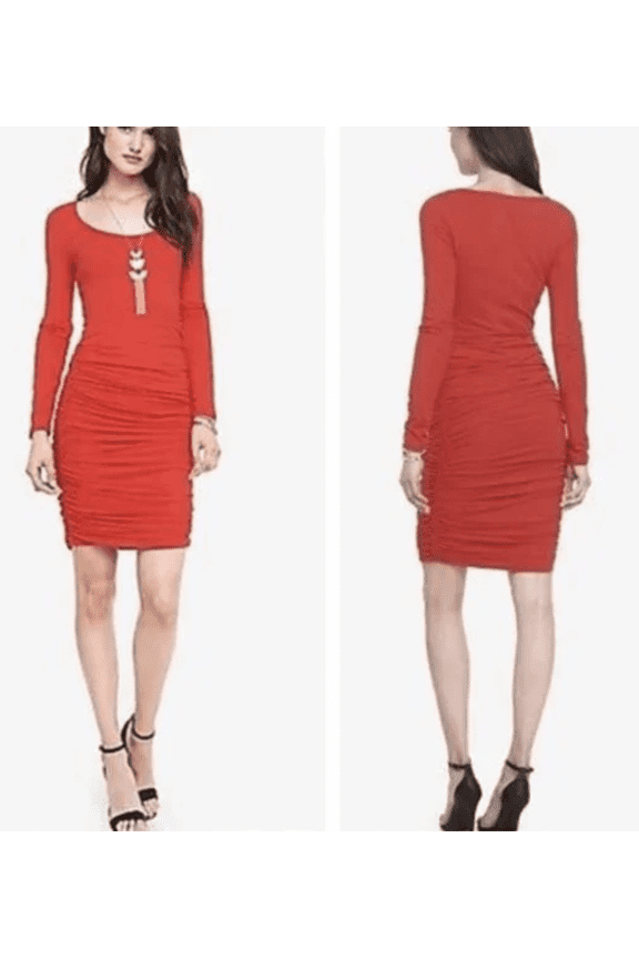 XS RED RUCHED LONG SLEEVE DRESS