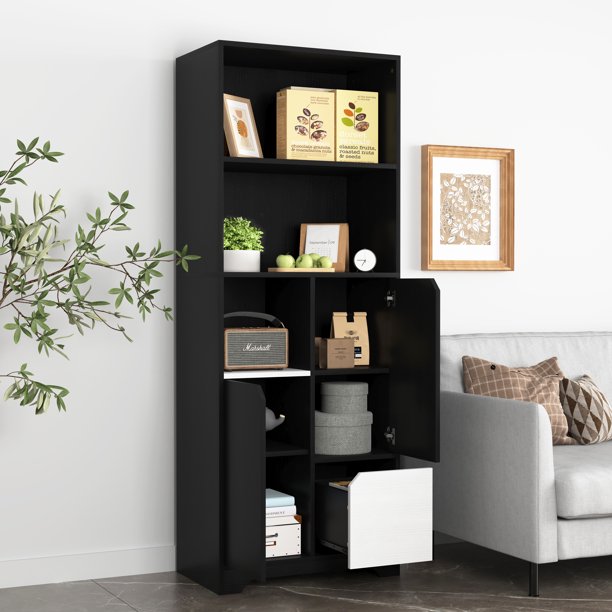 EXRACING 63" Tall Bookcase with 1 Drawer Freestanding Display Storage Shelves,Black