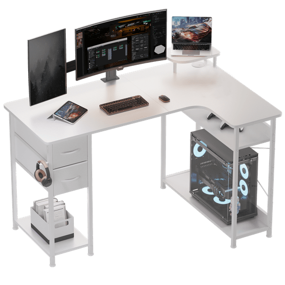 EXRACING 47 inch L Shaped Carbon Fiber Gaming Desk with Drawer and Adjustable Shelf, White