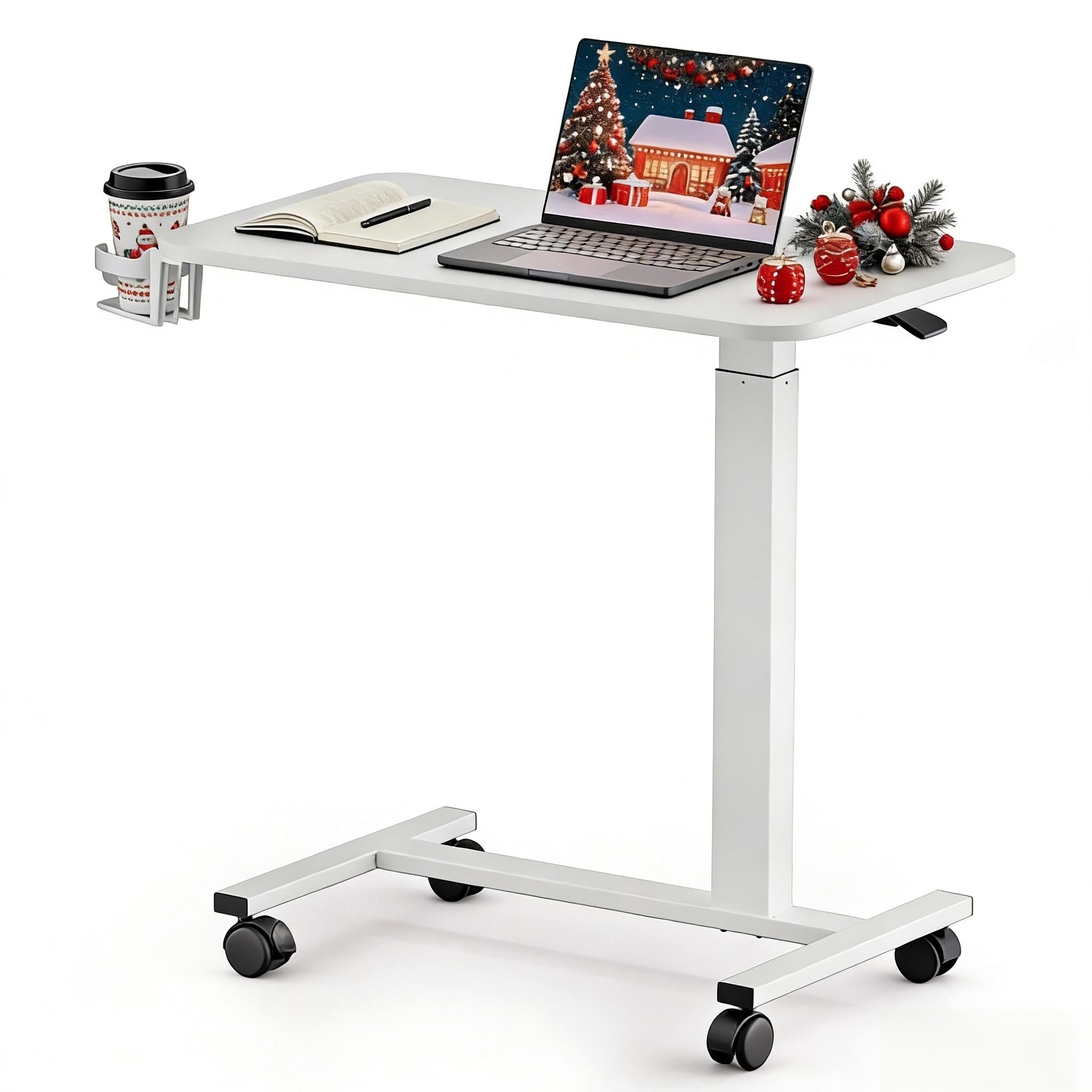 EXRACING Pneumatic Standing Overbed Desk with Lockable Wheels, Height Adjustable Rolling Laptop Table for Home & Hospital, Black