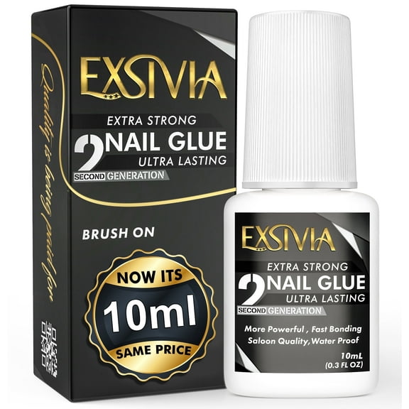 EXSIVIA 2nd Generation Super Strong Nail Glue - Brush-On, Acrylic Nails, 10ml Bottle