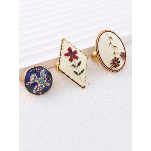 EXSL072 Baroque Enamel Floral Open Ring Set, Goldtone Metal With Multicolor Enamel Design For Women