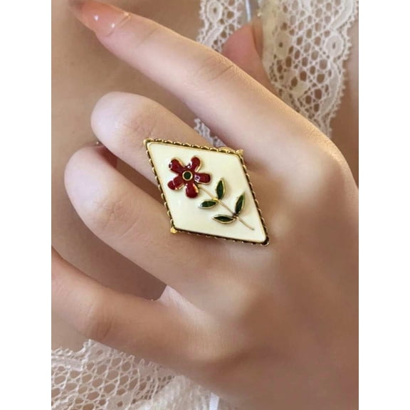 EXSL083 Enamel Floral Diamond-Shaped Open Ring, Goldtone Metal With Cream Base And Red Green Enamel Flower