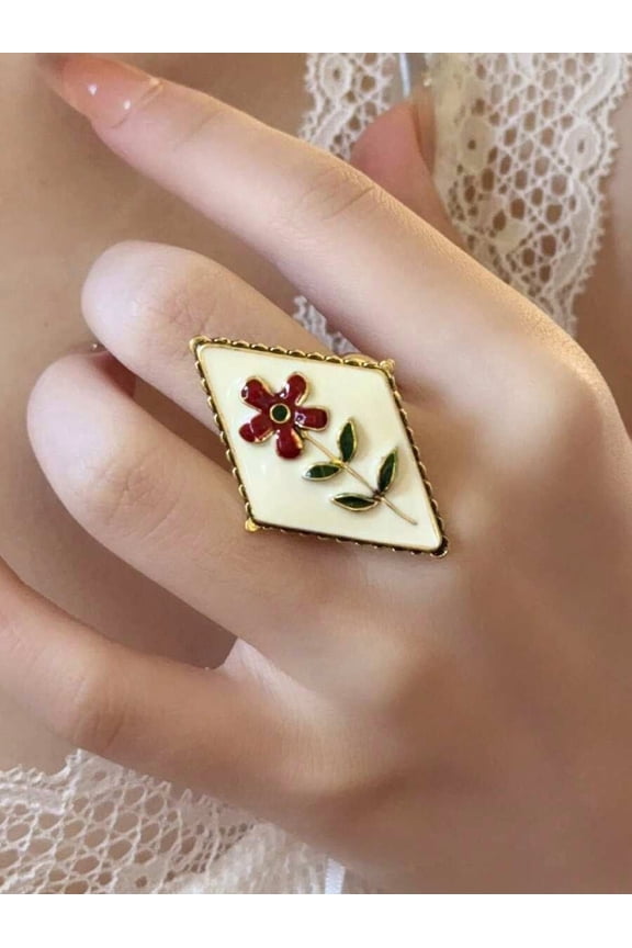 EXSL083 Enamel Floral Diamond-Shaped Open Ring, Goldtone Metal With Cream Base And Red Green Enamel Flower