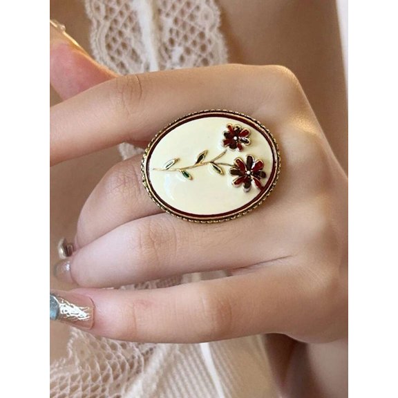 EXSL084 Baroque Enamel Floral Oval Open Ring, Goldtone Metal With Cream Base And Red-Green Flower Motif