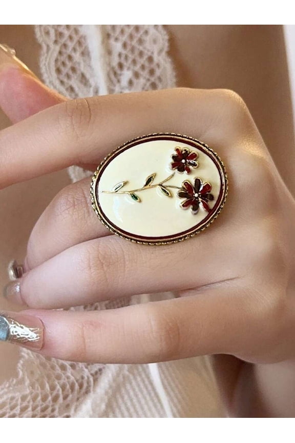 EXSL084 Baroque Enamel Floral Oval Open Ring, Goldtone Metal With Cream Base And Red-Green Flower Motif