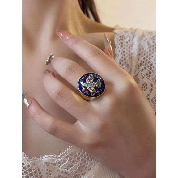 EXSL085 Baroque Enamel Dove Motif Open Ring, Goldtone Metal With Deep Blue Base And Red Green Floral Accents