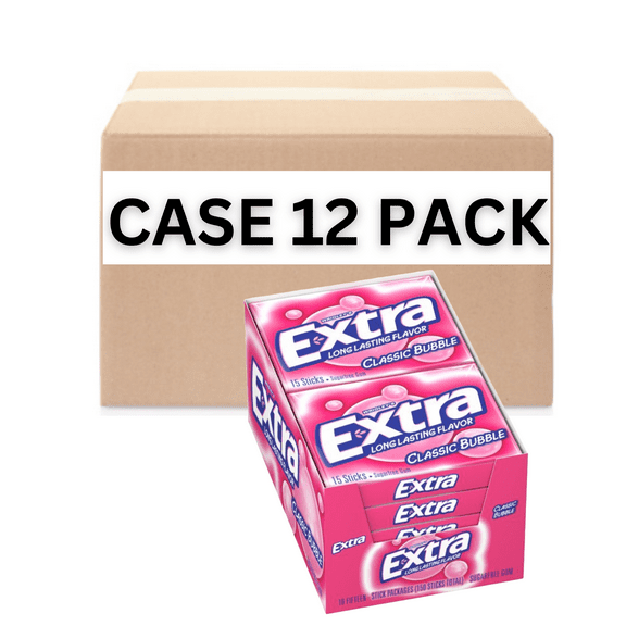 EXTRA Classic Bubble Gum Sugarfree Chewing Gum 12 Pack Case Wholesale Great for Convenience Stores, Snack Shops, Grocery Stores Or Just Stock Up For The Love Of 'EM (WHOLESALE CASE BOXED)