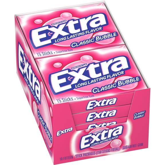 EXTRA Gum Classic Bubble Chewing Gum, 15 Pieces (Pack of 10, 150 Total Pieces)