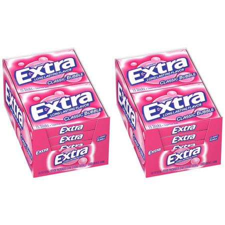 EXTRA Gum Classic Bubble Gum Sugarfree Chewing Gum, 15 Pieces Each Pack (Pack of 20)