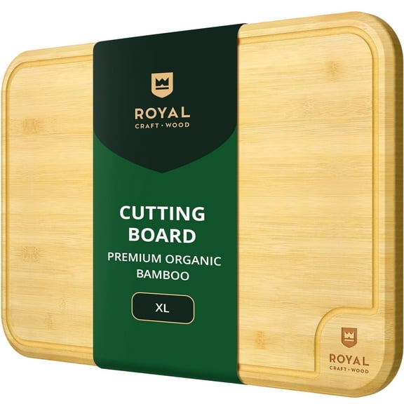 Royal Craft Wood Premium Bamboo Cutting Board for Kitchen - Wooden Cutting Board & Serving Tray with Juice Groove for BBQ, Fish & Vegetables (18”x12”)