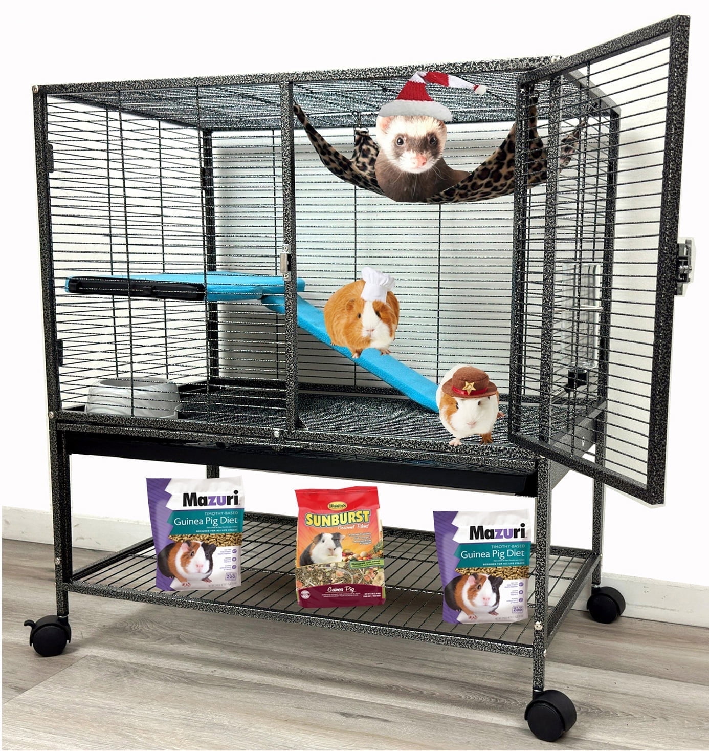 Mcage Extra Large 30.5" x  18.25" x 34"H Two-Story Tight 1/2-Inch Bar Spacing Metal Small Animal Cage with Hammock, Water Bottle & Food Bowl