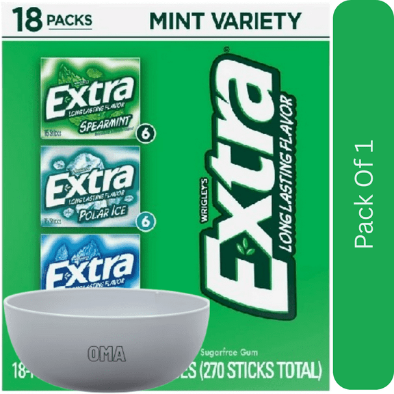 EXTRA Mint Sugar Free Chewing Gum Variety Pack, 15 Pieces per Pack, 18 Packs With White Bowl By OMA