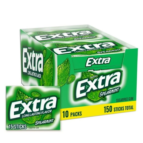 EXTRA Spearmint Sugarfree Chewing Gum, 15 Count (Pack of 10) Pieces