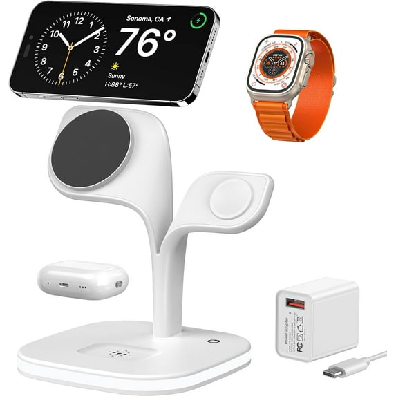 EXW for Magsafe Charger Stand,Charging Station for Multiple Devices,Wireless Charger for iPhone 15/14/13/12 Series,Apple Watch Series 1-9/Ultra, Pro with LED and Adapter (White)
