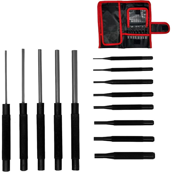 EXXO TOOLS Pin Punch Set - 13 Piece Drive Pin Set Punch Tool Mini Tool Kit Hole Puncher Sets Roll Pin Punch Set with Holder Case Punch Set Tools Punchdown Tools (4-8 Inches Long; 1/16-3/8 Inch)