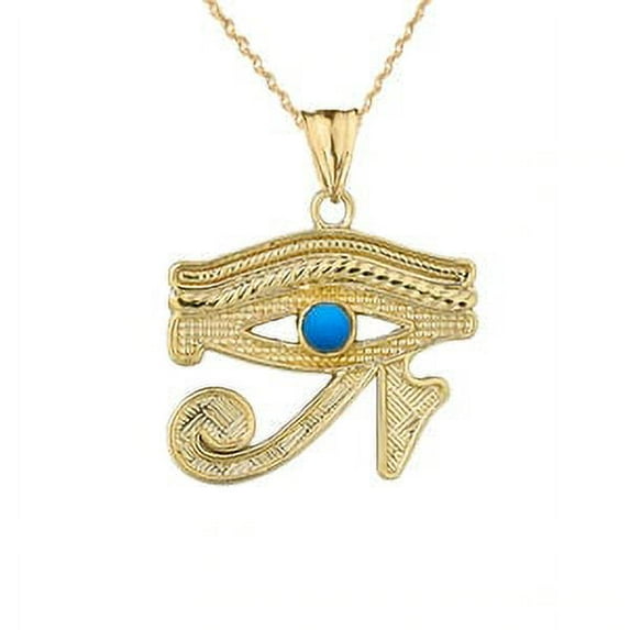 EYE OF HORUS (RA) WITH TURQUOISE CENTER STONE PENDANT NECKLACE IN YELLOW GOLD : 10K Pendant with 16" chain