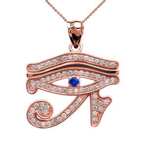 EYE OF HORUS ROSE GOLD DIAMOND AND SAPPHIRE PENDANT NECKLACE : 14K Pendant with 20" chain