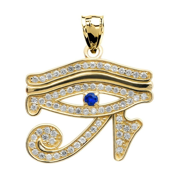 EYE OF HORUS YELLOW GOLD DIAMOND AND SAPPHIRE PENDANT NECKLACE : 10K Pendant with 20" chain