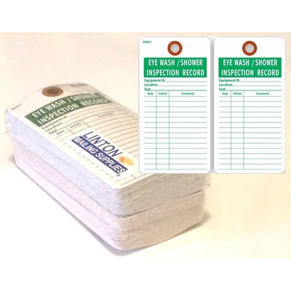 EYE WASH / SHOWER INSPECTION RECORD (2-Sided), 3" x 5.75", Green Print on White 13 Pt. Cardstock w Reinforced Hole - Pack of 100 Tags