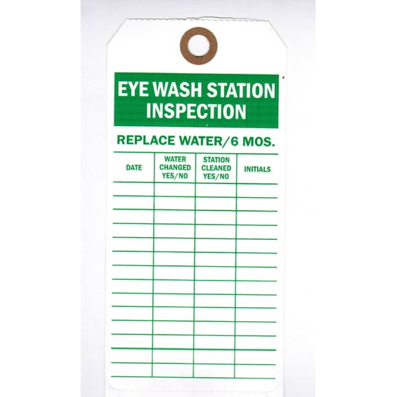 EYE WASH STATION INSPECTION Tag, 6-1/8" x 3", Printed 2 Sides, Green on White, Reinforced Hole - Roll Dispenser w 100 Tags