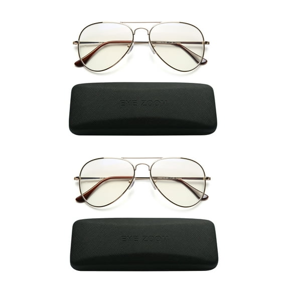 EYE ZOOM 2 Pack Aviator Style Blue Light Blocking Reading Glasses for Men and Women, Gold, +1.50