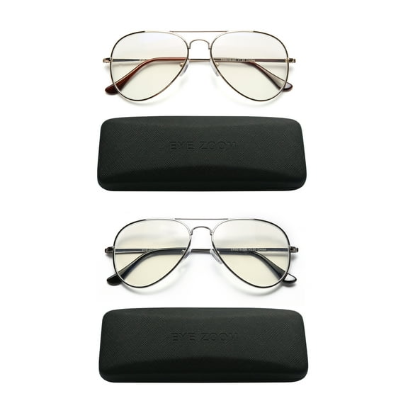 EYE ZOOM 2 Pack Aviator Style Blue Light Blocking Reading Glasses for Men and Women,Gold and Gunmetal,+3.00