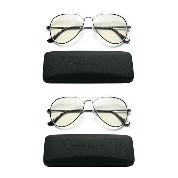 EYE ZOOM 2 Pack Aviator Style Blue Light Blocking Reading Glasses for Men and Women, Gunmetal, +1.50
