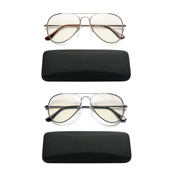 EYE ZOOM 2 Pack Blue Light Blocking Readers Aviator Style Anti Blue Ray and UV Reading glasses,Gold, Gunmetal,+2.25