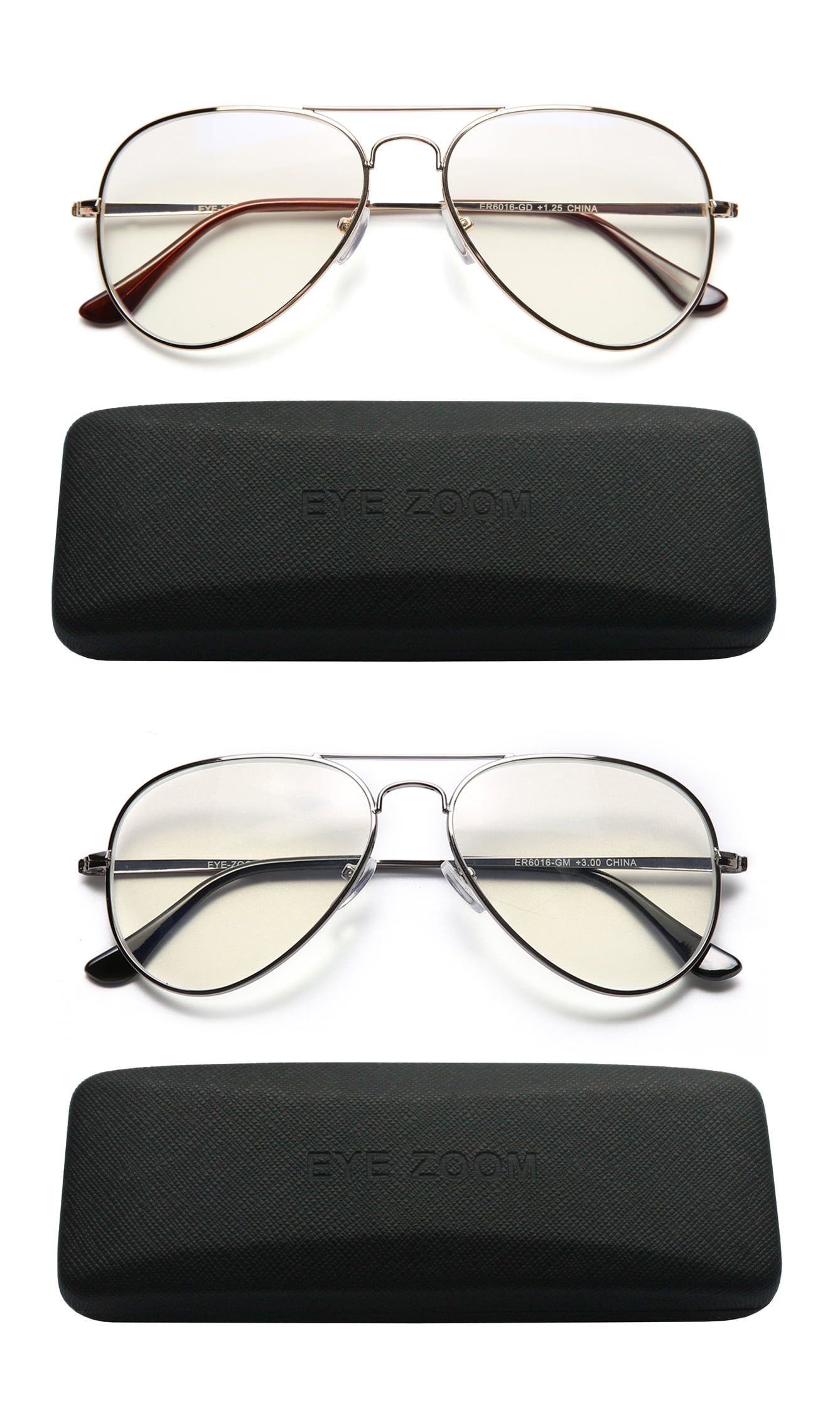 EYE ZOOM 2 Pack Blue Light Blocking Readers Aviator Style Anti Blue Ray and UV Reading glasses,Gold, Gunmetal,+3.50