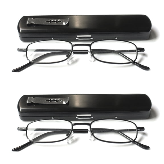 EYE ZOOM 2 Pack Compact Light Metal Portable Reading Glasses with Pocket Hard Case for Men and Women, Black, +1.00