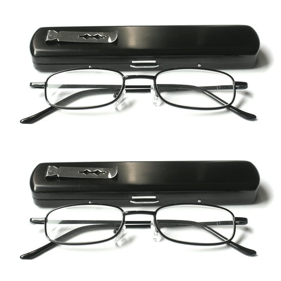 EYE ZOOM 2 Pack Compact Light Metal Portable Reading Glasses with Pocket Hard Case for Men and Women, Black, +3.00
