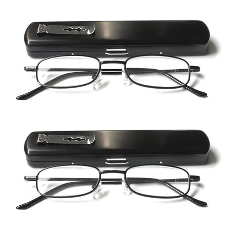 EYE ZOOM 2 Pack Compact Light Metal Portable Reading Glasses with Pocket Hard Case for Men and Women, Black, +3.50