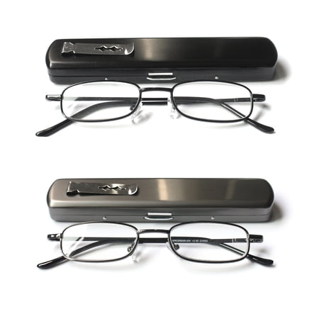 EYE ZOOM 2 Pack Compact Light Metal Portable Reading Glasses with Pocket Hard Case for Men and Women, Black and Gunmetal, +3.50