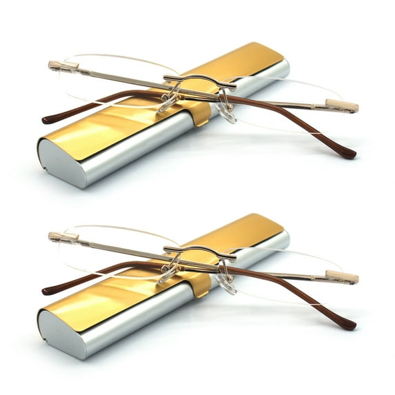 EYE ZOOM 2 Pack Compact Metal Rimless Reading Glasses with Light Slim Gold and Silver Case for Men and Women, +2.25