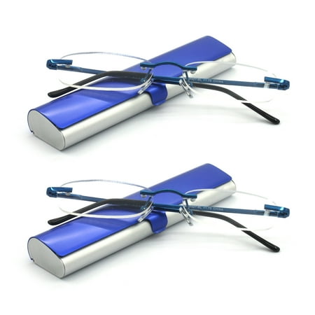 EYE ZOOM 2 Pack Compact Metal Rimless Reading Glasses with Light Slim Navy Blue and Silver Case for Men and Women, +1.50