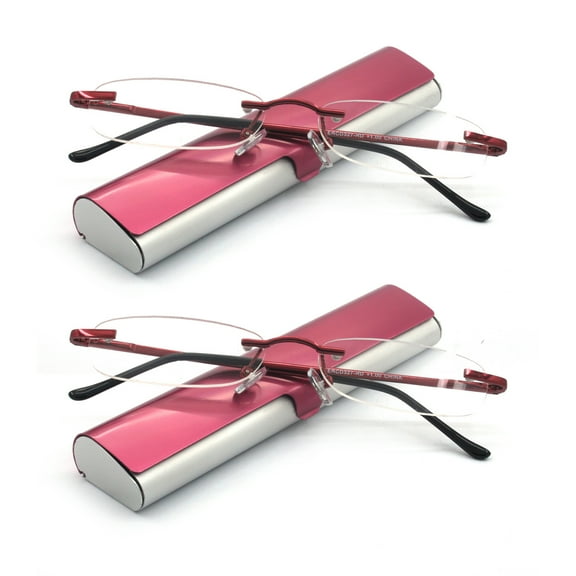 EYE ZOOM 2 Pack Compact Metal Rimless Reading Glasses with Light Slim Wine Red and Silver Case for Men and Women, +1.25