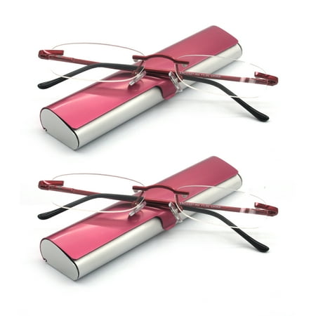EYE ZOOM 2 Pack Compact Metal Rimless Reading Glasses with Light Slim Wine Red and Silver Case for Men and Women, +1.75