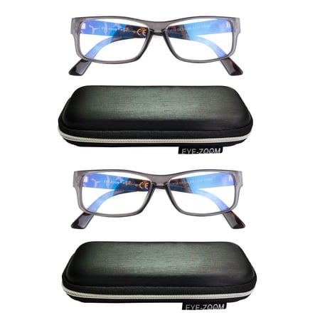 EYE ZOOM 2 Pack Extra Wide Fashion Plastic Blue Light Blocking and Anti UV Computer Eyeglasses, Gray