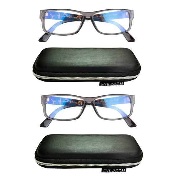 EYE ZOOM 2 Pack Extra Wide Fashion Plastic Blue Light Blocking and Anti UV Computer Eyeglasses, Gray