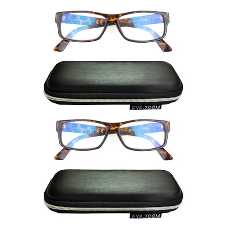EYE ZOOM 2 Pack Extra Wide Fashion Plastic Blue Light Blocking and Anti UV Computer Eyeglasses, Tortoise Brown